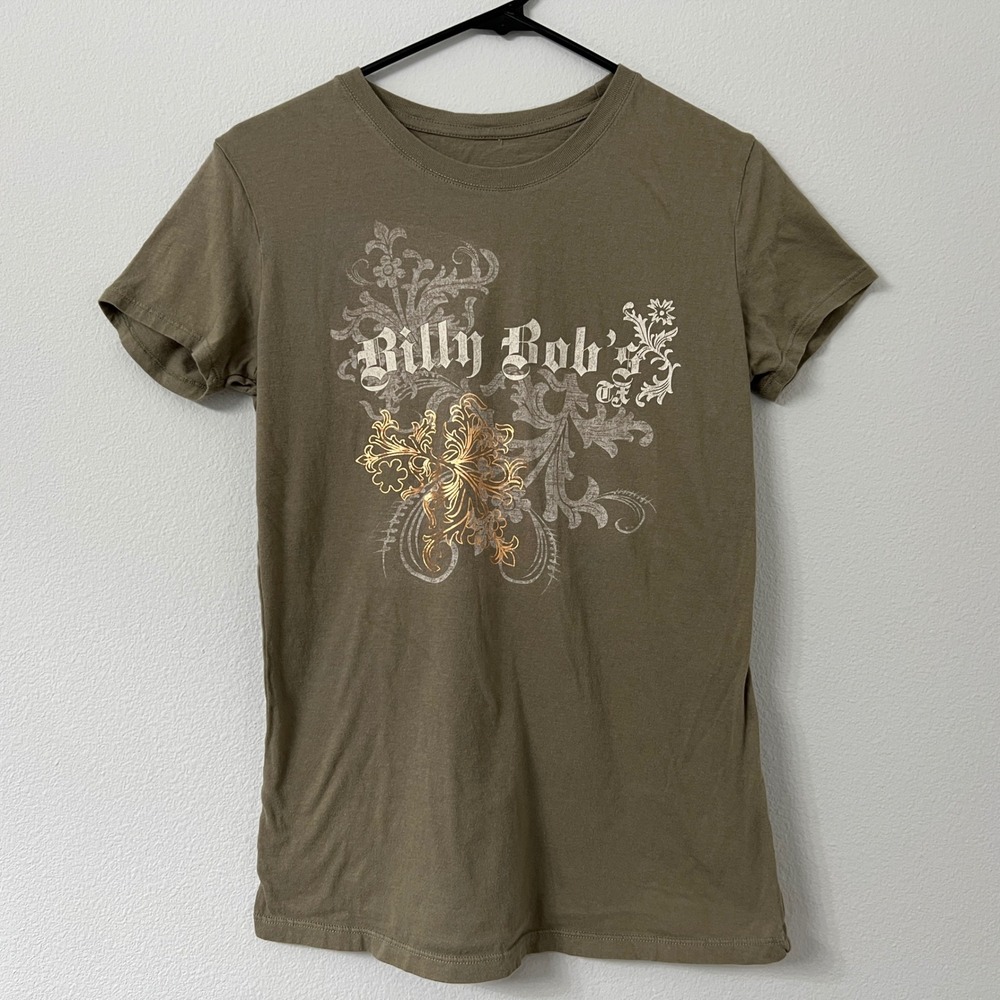Billy Bob's Texas Womens XL Olive Green Graphic T Shirt Western Foil Scroll Logo